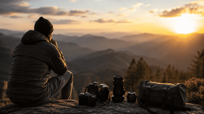Photographer considering multiple camera bodies and lenses while overlooking a mountain landscape at sunset.