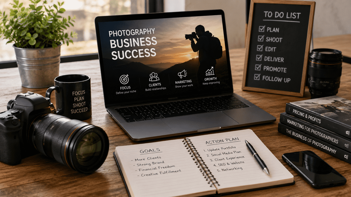 Photography business workspace with a camera, laptop, notebook, lens, and planning materials arranged on a wooden desk