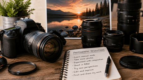 DSLR camera and multiple lenses arranged for an amateur photographer’s next creative goals.