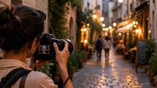 Photographer capturing a warmly lit cobblestone street with a DSLR camera at dusk.
