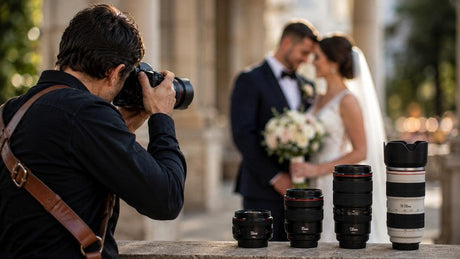 Wedding photographer using a DSLR and portrait lens to photograph a bride and groom