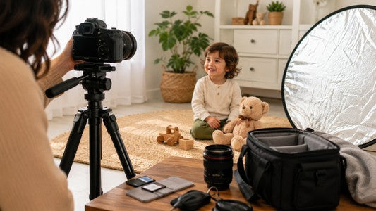 Photographer using a DSLR tripod and reflector for a child portrait session at home.