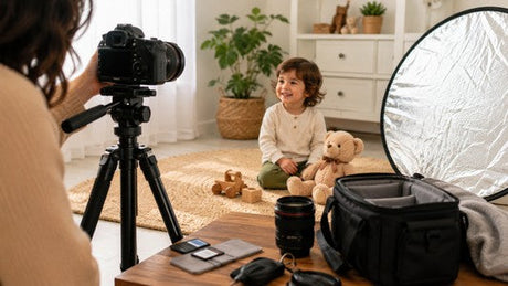 Photographer using a DSLR tripod and reflector for a child portrait session at home.