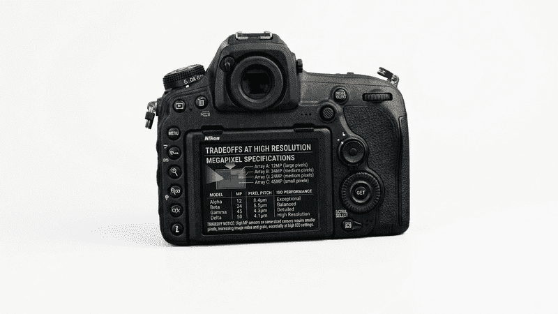 A technical close-up showing specific megapixel counts for distinct camera bodies on a screen and guide