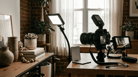 An indoor photography setup using continuous LED light and flash triggers for a still life vignette.