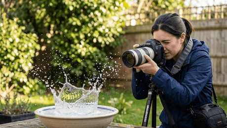 A person using a Canon DSLR on a tripod to photograph a splash of water.