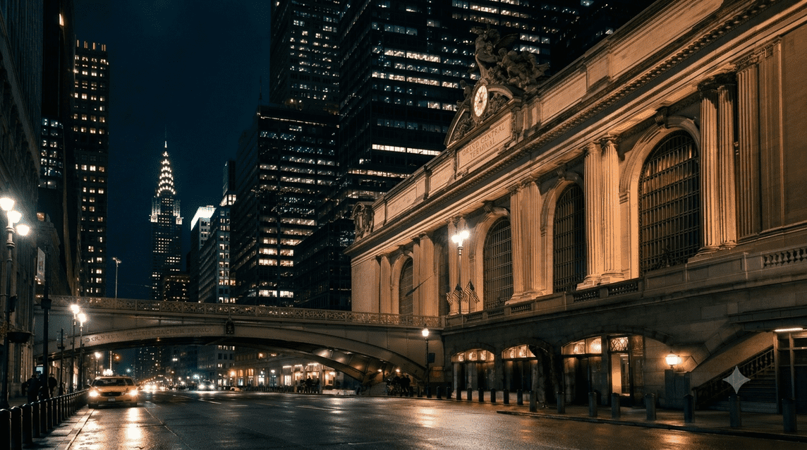 Grand Central Terminal and surrounding Midtown Manhattan streets illuminated at night.