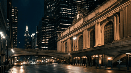 Grand Central Terminal and surrounding Midtown Manhattan streets illuminated at night.