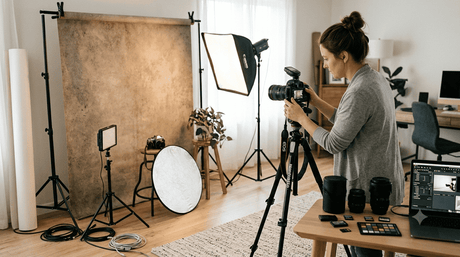 A person in a home studio adjusting a DSLR camera on a tripod, surrounded by lights, a large textured backdrop, and accessories.