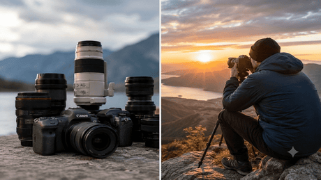 Photography equipment beside a photographer capturing a mountain landscape at sunset