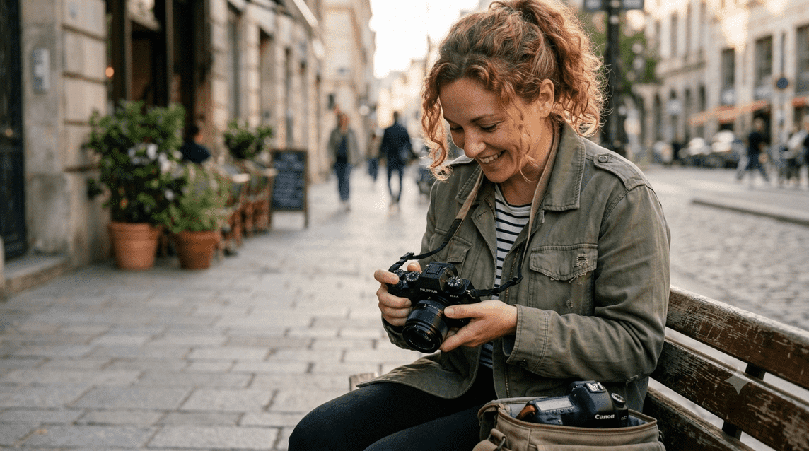 A smiling photographer on a city bench, actively exploring the settings of their digital camera.