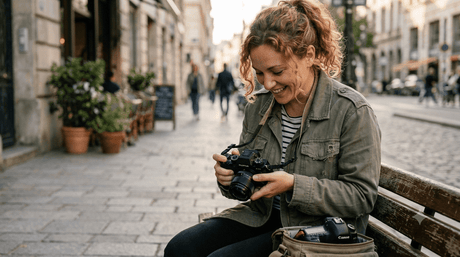 A smiling photographer on a city bench, actively exploring the settings of their digital camera.
