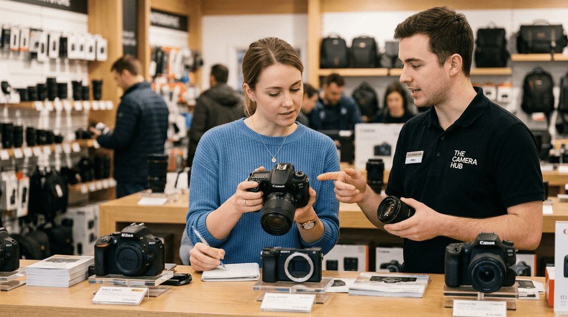 A customer asking a camera store staff member about a DSLR camera.