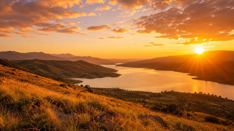 Golden hour sunset casting warm light across rolling hills and a tranquil lake