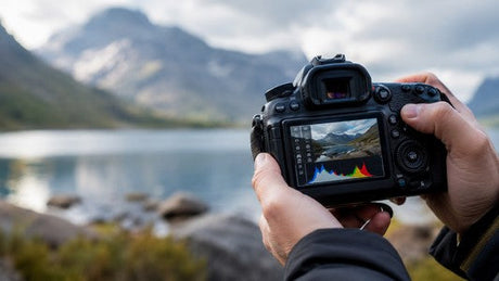 Photographer reviewing a DSLR camera histogram while shooting a mountain lake landscape.