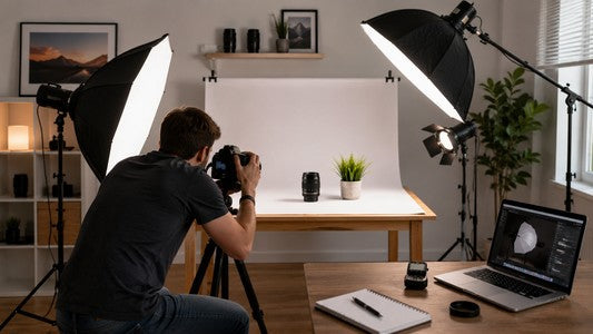 Photographer using softboxes and continuous lights for a home product photography setup.
