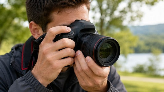 Photographer holding a DSLR camera correctly with one hand on the grip and the other supporting the lens.