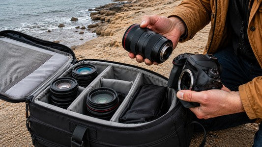 Photographer selecting a DSLR lens from an open camera bag beside a rocky coastline. 