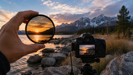 Photographer using a circular lens filter to enhance a mountain lake sunset.