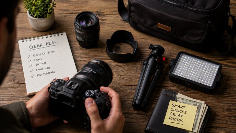 Photographer reviewing a camera setup beside lenses, a tripod, LED light, camera bag, and gear checklist on a wooden table
