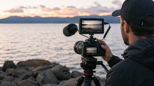 Photographer filming a lakeside sunset with a DSLR camera, tripod, external monitor, and microphone.