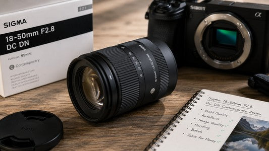 Sigma 18-50mm F2.8 DC DN Contemporary lens displayed with a mirrorless camera and review notebook.