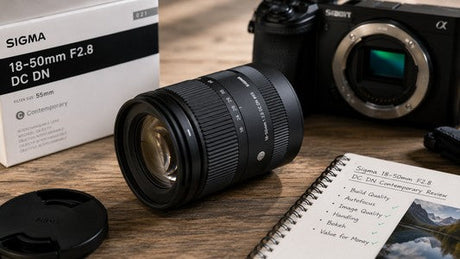 Sigma 18-50mm F2.8 DC DN Contemporary lens displayed with a mirrorless camera and review notebook.