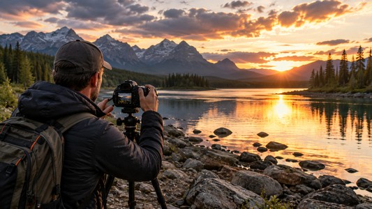 hotographer framing a mountain lake at sunset using a DSLR camera on a tripod.