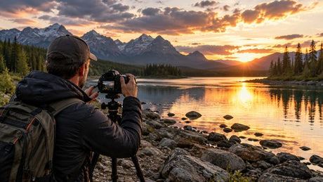 hotographer framing a mountain lake at sunset using a DSLR camera on a tripod.
