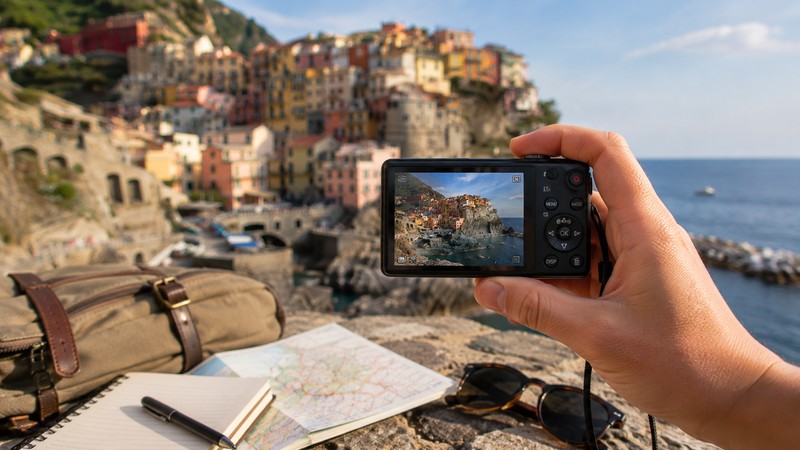 Traveler using a point-and-shoot camera to photograph a colorful coastal village.