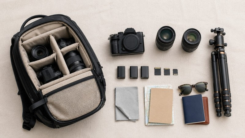 Travel photography gear arranged with a camera bag, camera body, lenses, tripod, batteries, memory cards, map, and passport