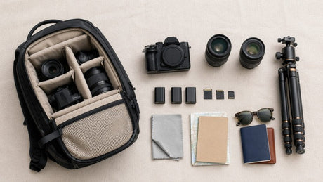 Travel photography gear arranged with a camera bag, camera body, lenses, tripod, batteries, memory cards, map, and passport