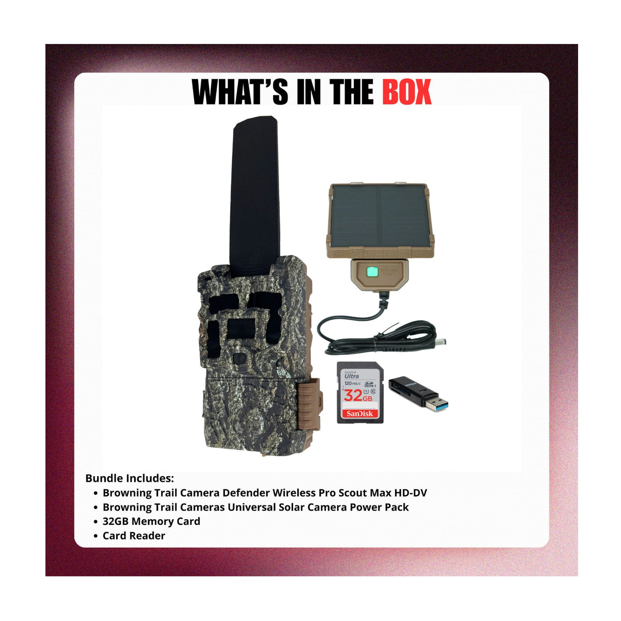 Browning Trail Camera Defender Wireless Pro Scout Max HD-DV with Solar Power Pack and Accessories - 9