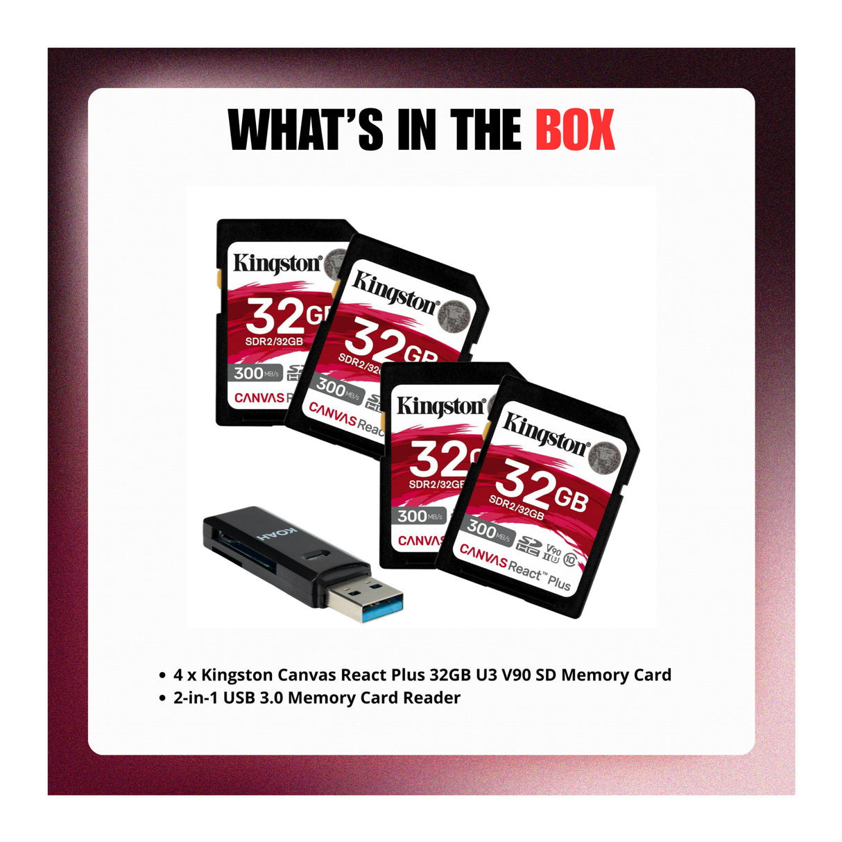 Kingston Canvas React Plus 32GB U3 V90 SD Memory Card with Card Reader Bundle - 7