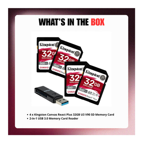 Kingston Canvas React Plus 32GB U3 V90 SD Memory Card with Card Reader Bundle - 7