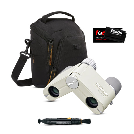 Nikon 4x10D CF Pocket Binocular (Ivory White) with Black Camera Shoulder Bag and Accessories Bundle