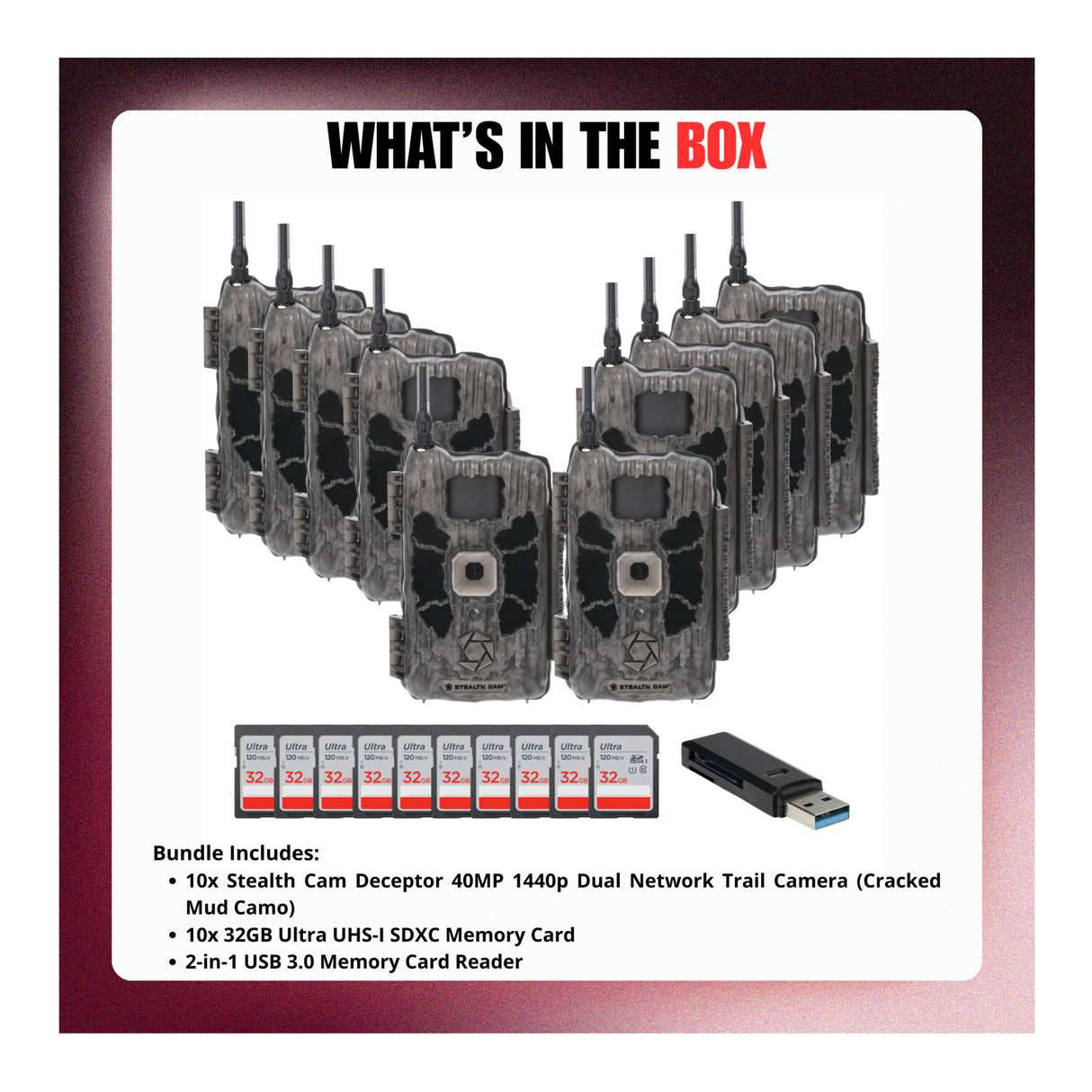 Stealth Cam Deceptor Dual Network Trail Camera (10 Pack) Bundle with 32GB Memory Card & Card Reader - 9