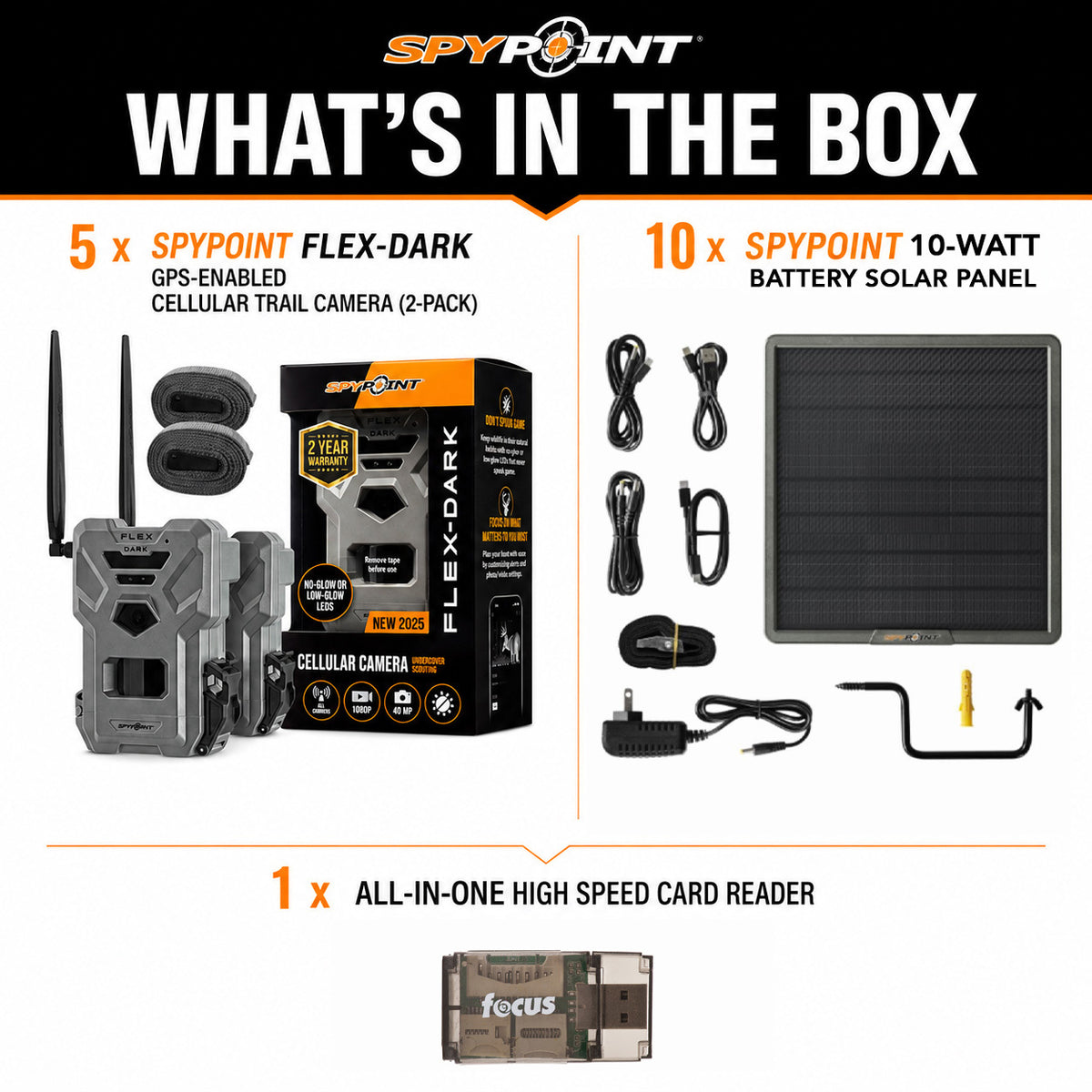 Spypoint FLEX DARK 40MP Cellular Trail Camera (10-Pack) Bundle with Solar Panels and Card Reader