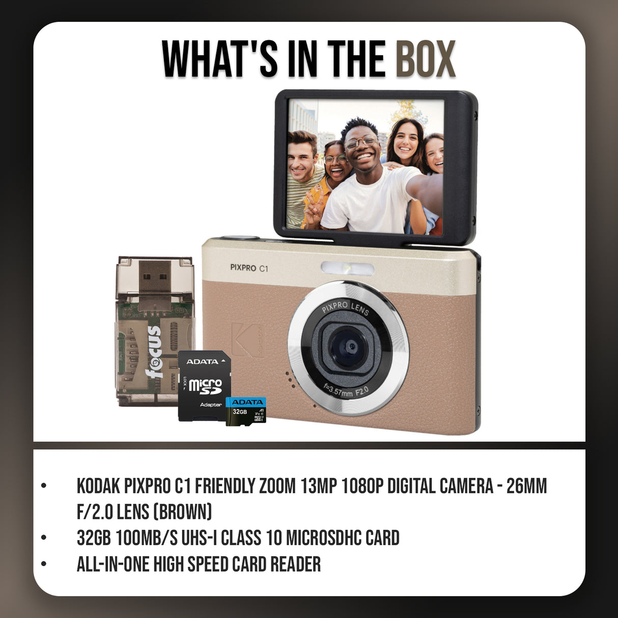 KODAK PIXPRO C1 13MP Digital Camera (Brown) with MicroSD Card and Card Reader