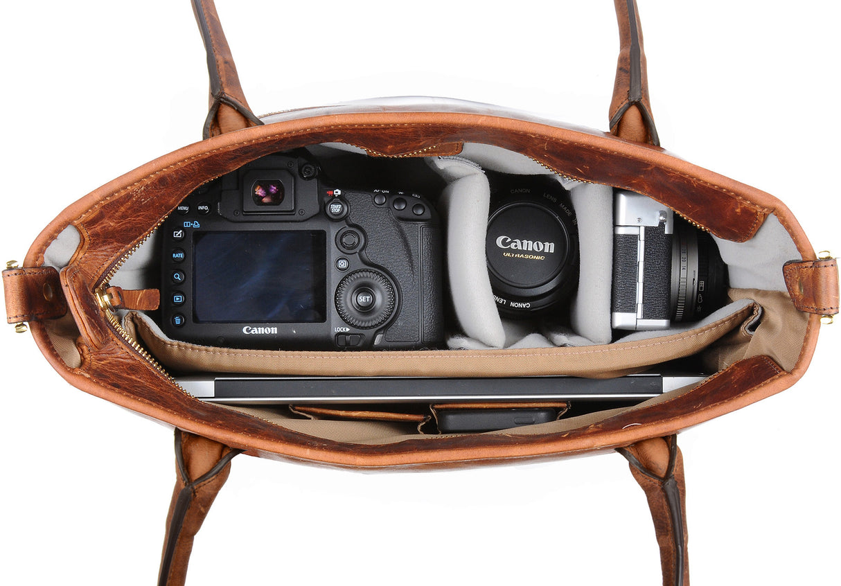 ONA Leather Capri Camera and Laptop Shoulder Tote Bag (Antique Cognac Brown)