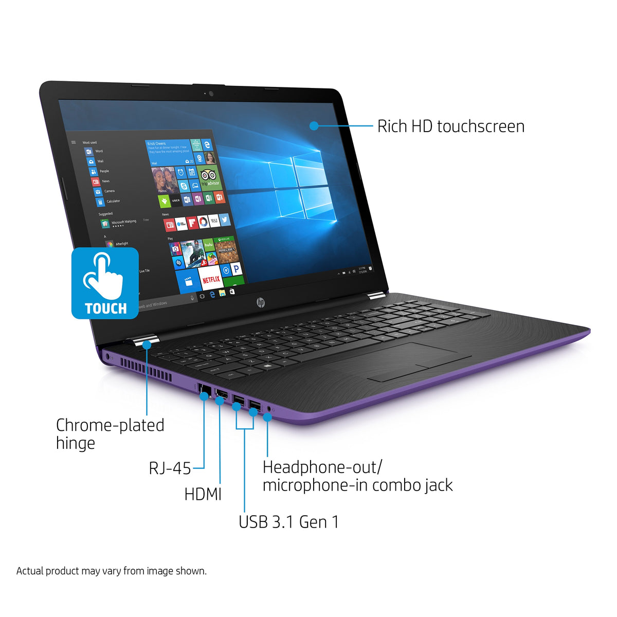 HP 15-bs008cy 15.6" HD Touch Laptop, Intel Core i3-7100U, 2TB HDD, Amethyst Purple (Refurbished)