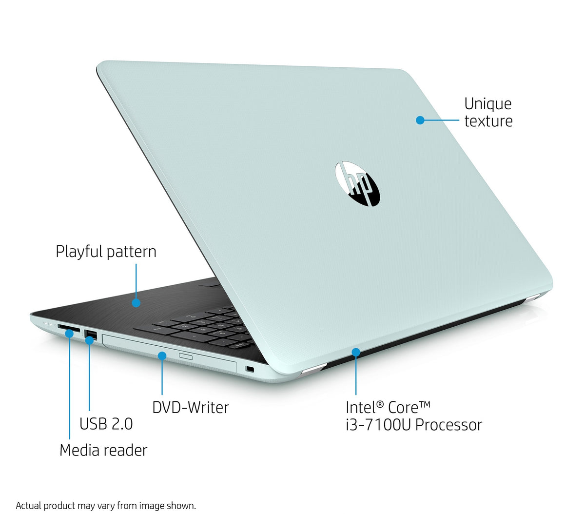 HP 15-bs012cy 15.6" HD Laptop, Intel Core i3-7100U, 2TB HDD, Pale Mint (Refurbished)