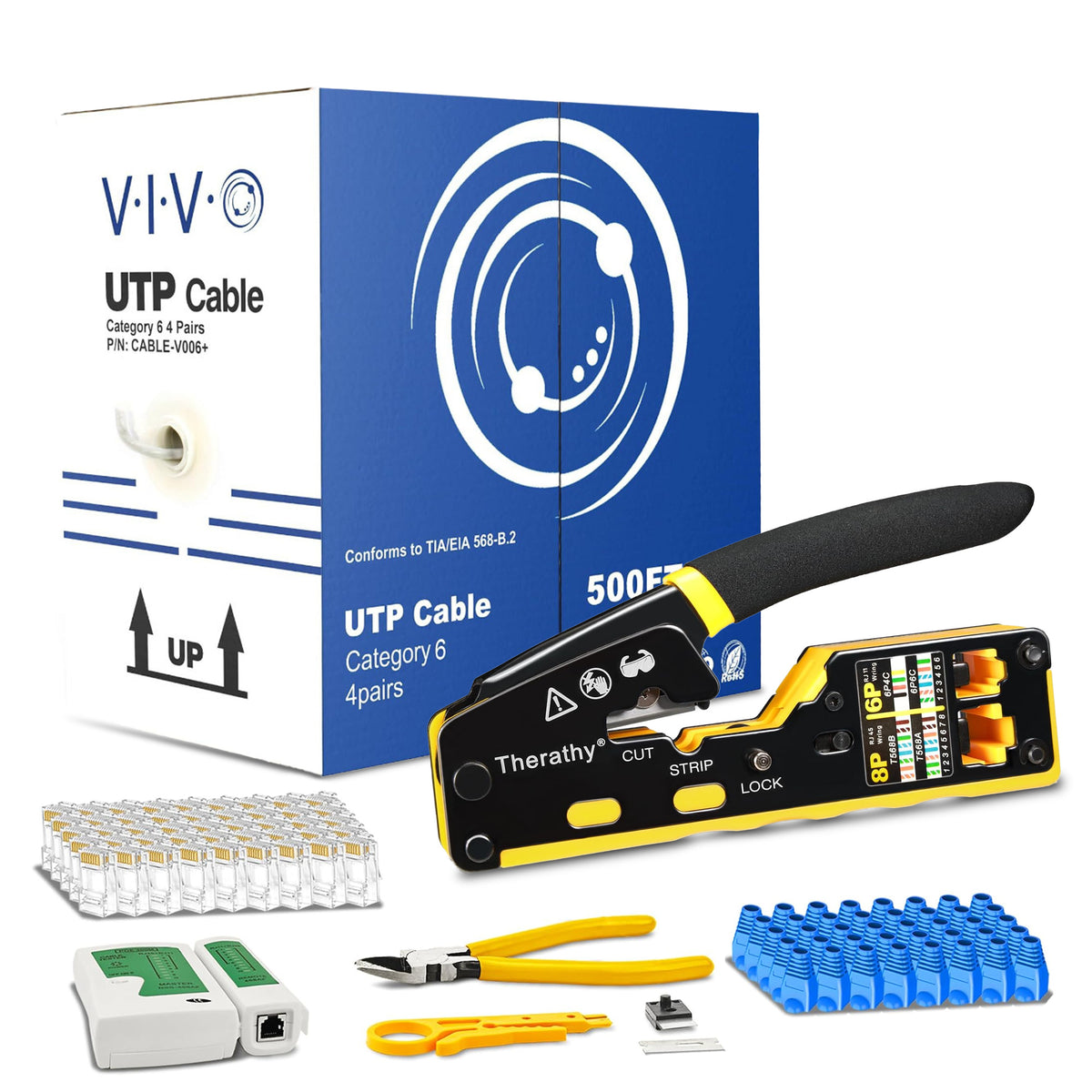 500-Ft Bulk Cat6 Ethernet Cable (Gray) with RJ45 Pass Through Crimper Kit Bundle