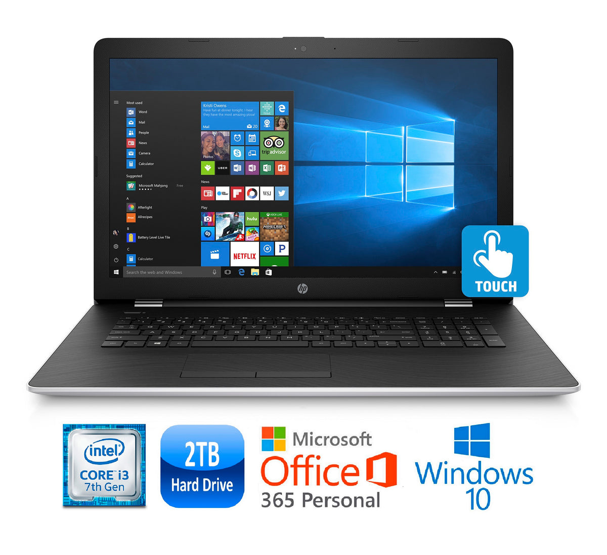 HP 17-bs011cy 17.3" HD+ Laptop, Intel Core i3-7100U, 2TB HDD, Natural Silver (Refurbished)
