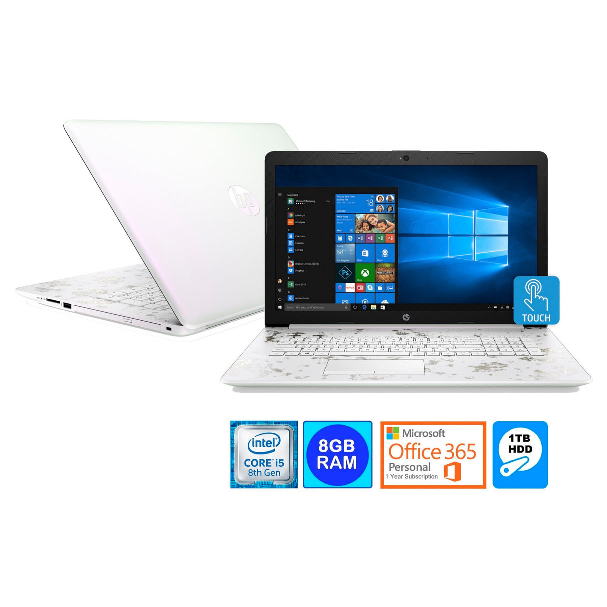 HP 15.6” WLED Touch Screen Laptop Intel Core i5-8250U 8GB DDR4 1TB HDD Microsoft Office 365 Personal 1Yr. (Pearl White)