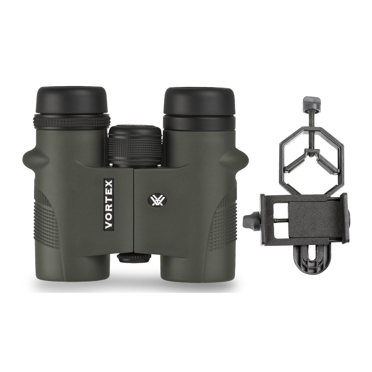 Vortex 10x32 Diamondback Roof Prism Binoculars with Smartphone Adapter Bundle