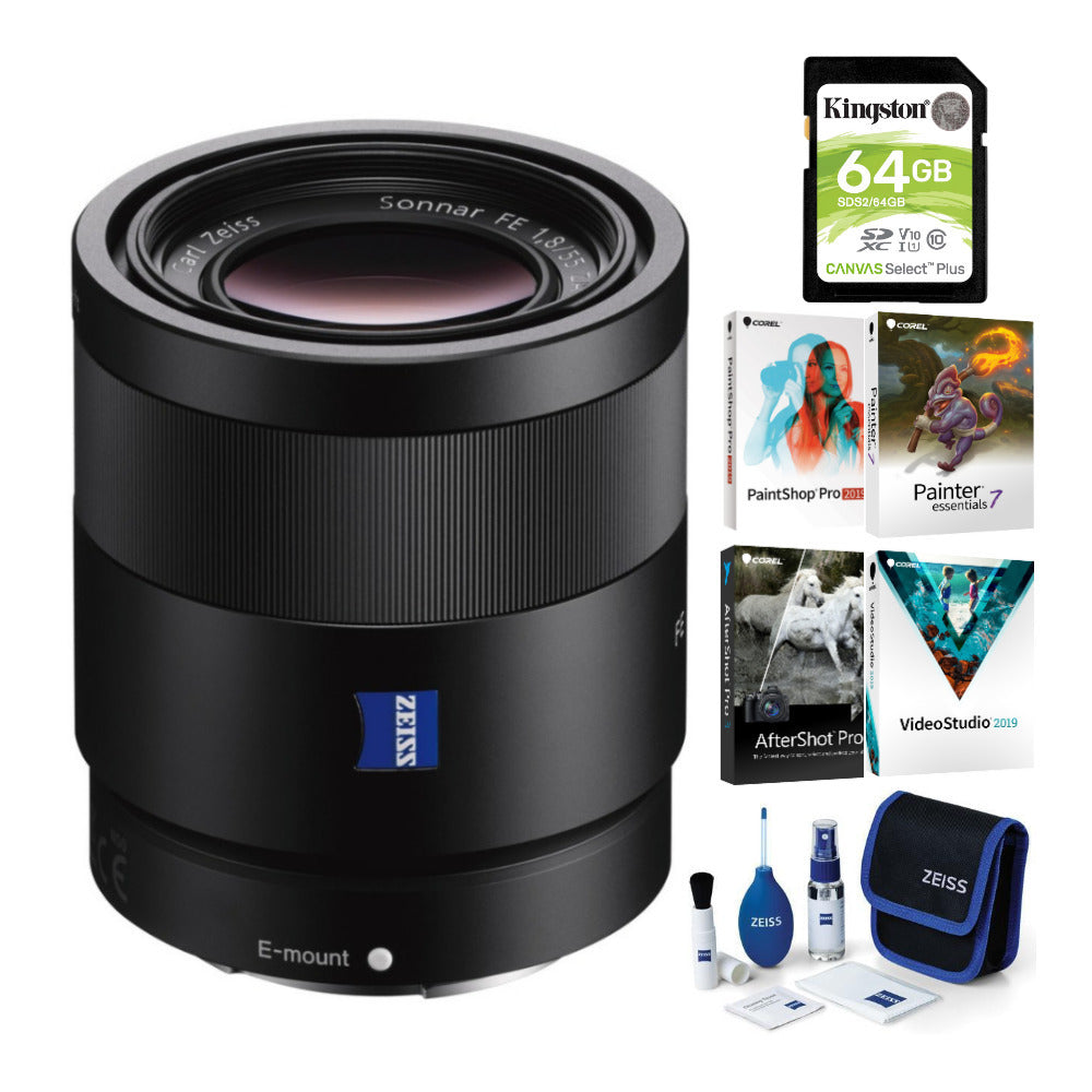 Sony Sonnar T* FE 55mm F1.8 ZA Camera Lens with Software Suite, Cleaning Kit, and 64GB SD Card