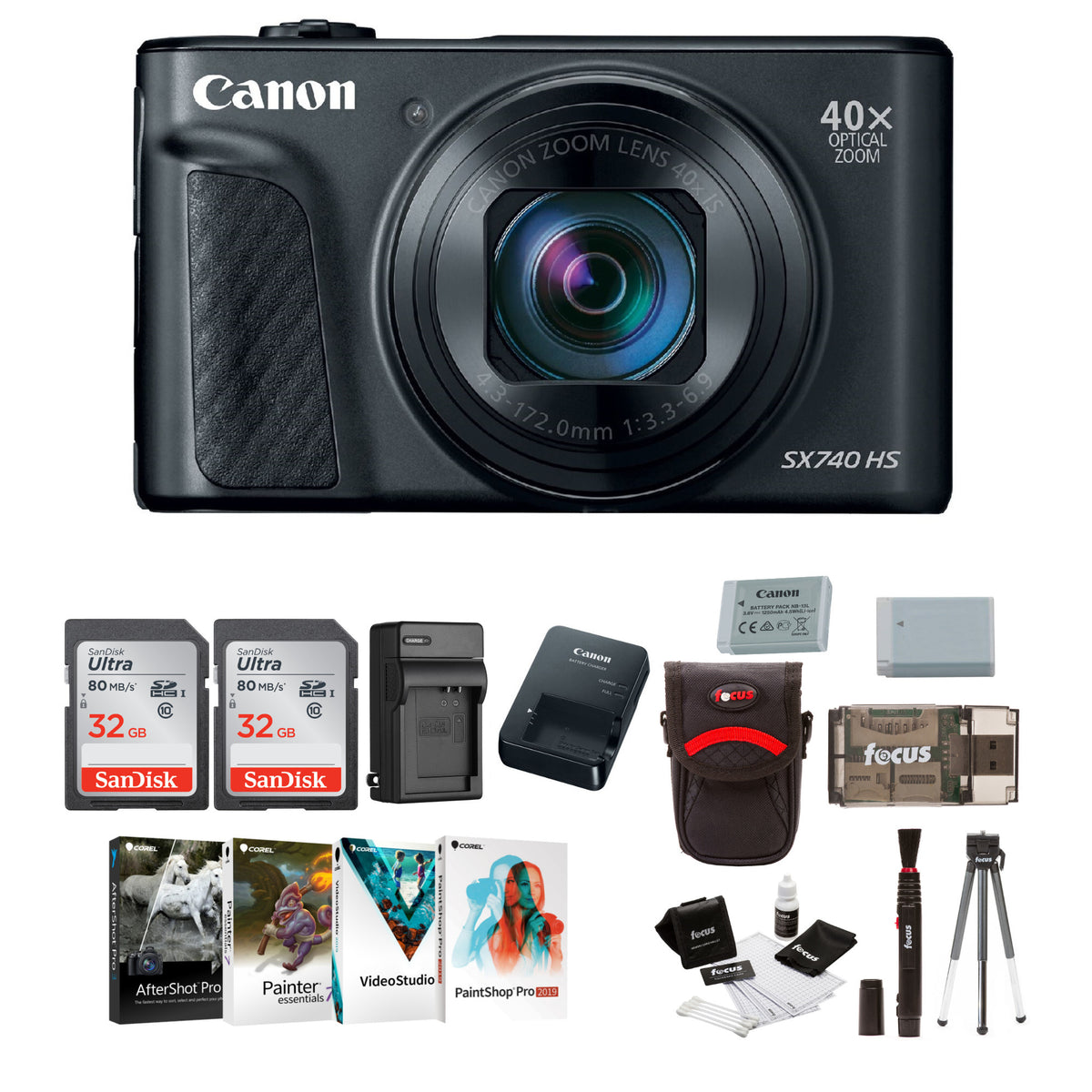 Canon Powershot SX740 HS Digital Camera(Black) and Two 32GB Card Software Bundle