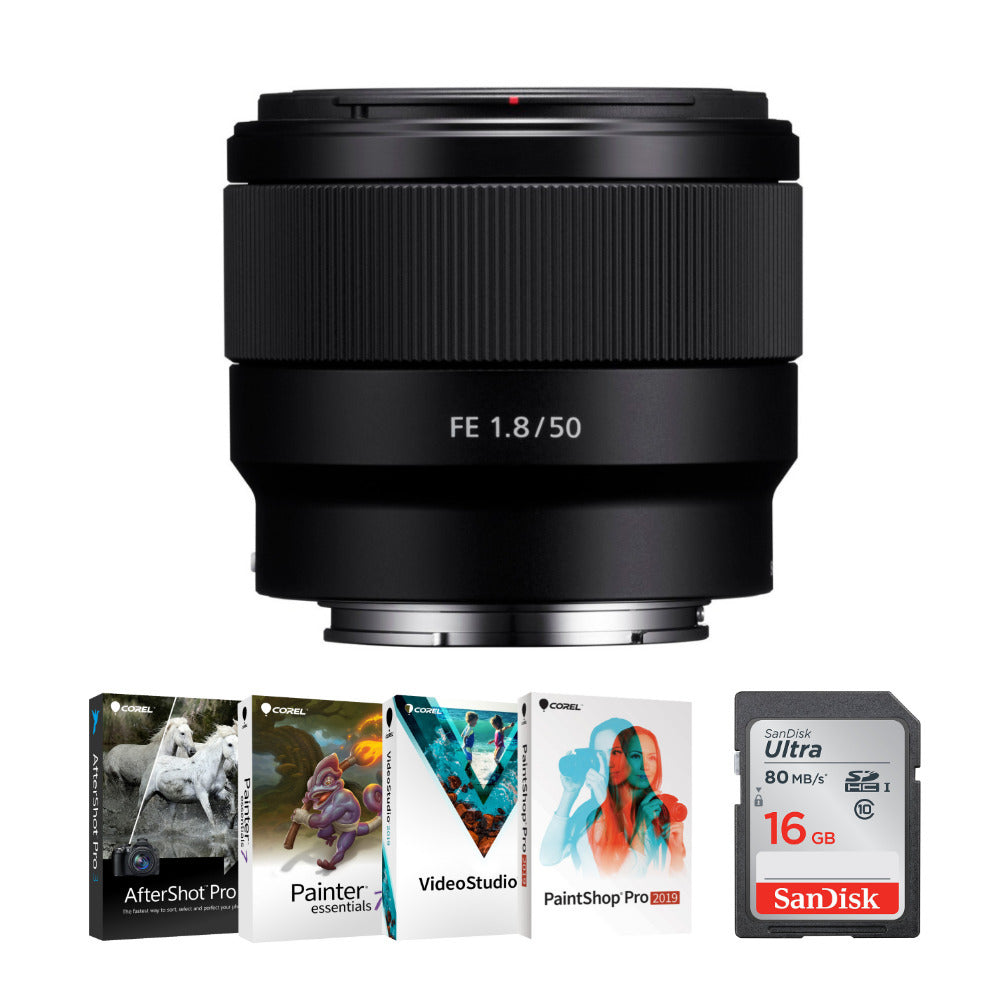Sony FE 50mm f/1.8 Lens with 16GB SD Card and Software Kit