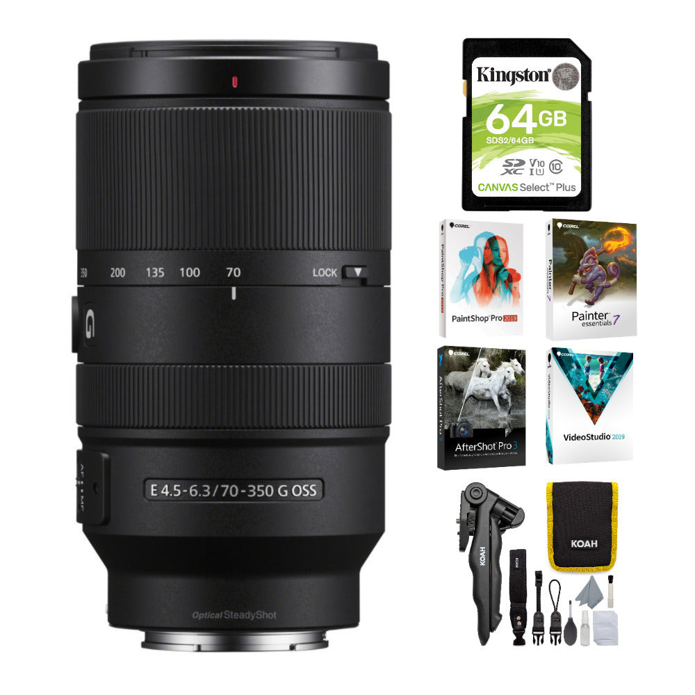 Sony E 70-350mm F4.5-6.3 G OSS Lens with Software Suite, Cleaning Kit, and 64GB SD Card